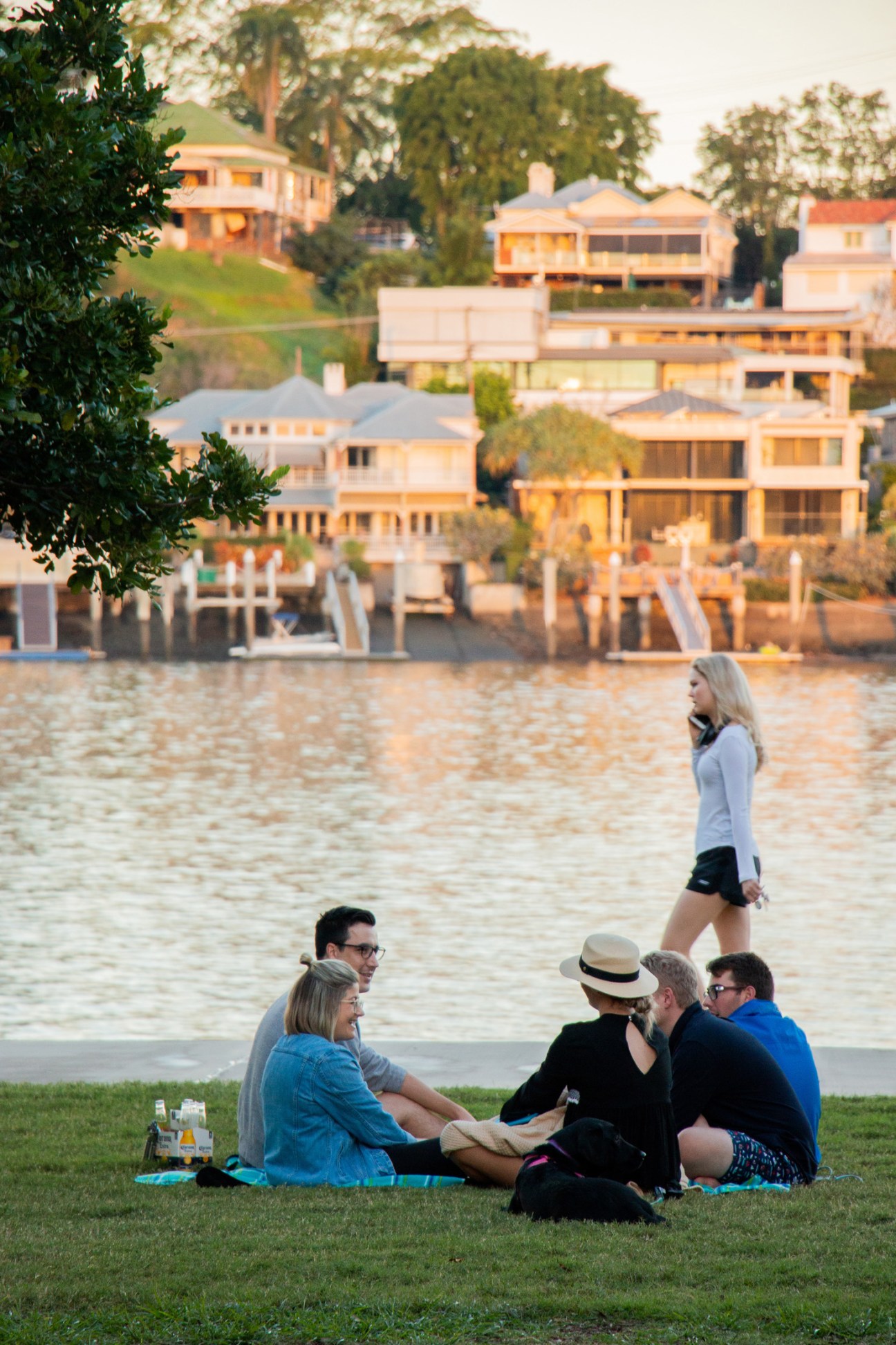 People relaxing on grass at New Farm Park with Brisbane River and waterfront homes in background.