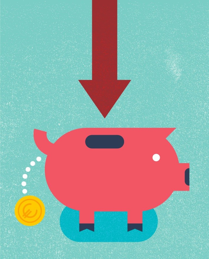 Illustration of a red piggy bank with a downward arrow and gold coin, symbolizing financial crisis and economic pressure.