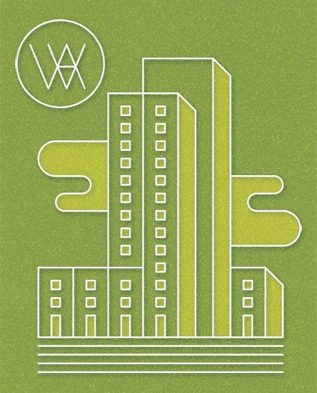 Line illustration of modern high-rise buildings with 25hours hotel logo on green background.