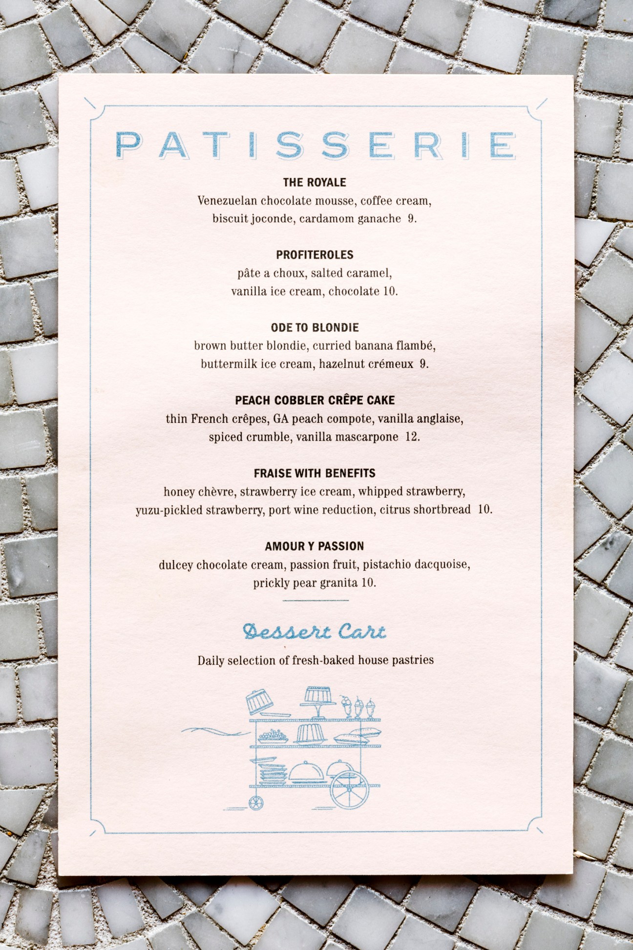 Pâtisserie menu at Tiny Lou's featuring desserts like The Royale and Ode to Blondie with dessert cart illustration