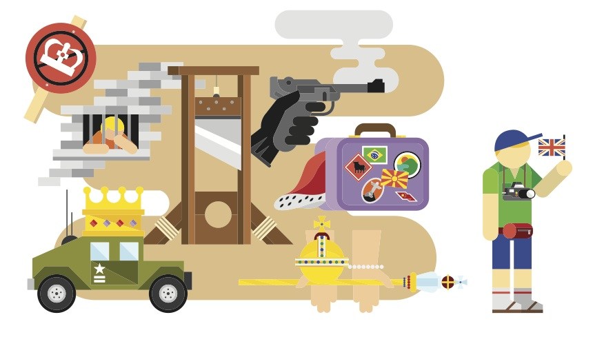 Illustration depicting a humorous scenario of Britain becoming a republic with royal symbols, a gun, military vehicle, and tourist imagery.