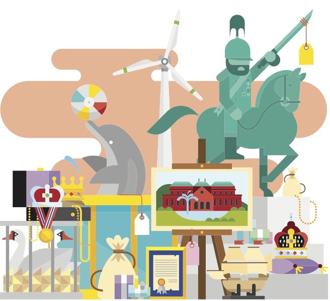Illustration of British symbols and institutions including monarchy regalia, windmill, soldier on horseback, and classical building representing UK republic concept.