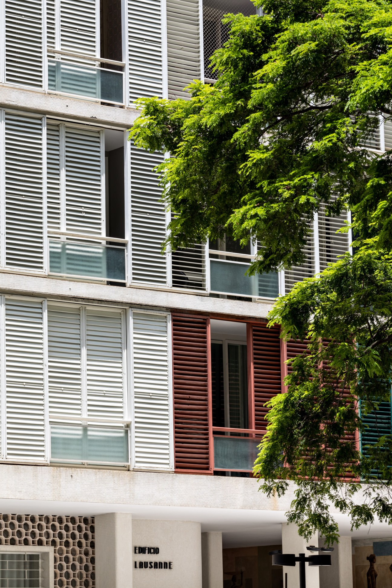 Modernist apartment building facade with multicoloured horizontal window shutters in white, red and dark tones, covered in lush green climbing vines.