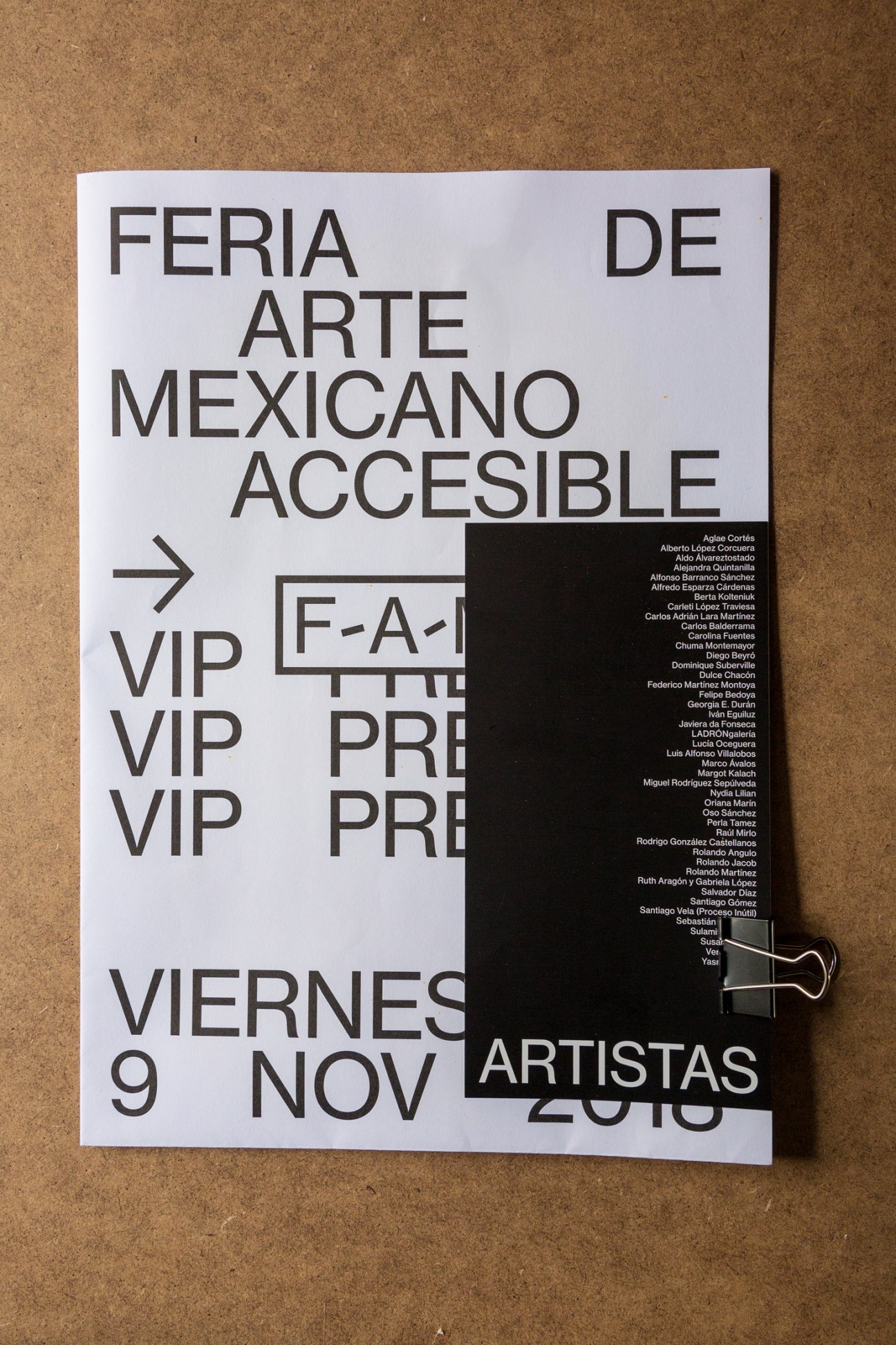 Pamphlet with bold sans-serif typography advertising Feria de Arte Mexicano Accesible art fair.