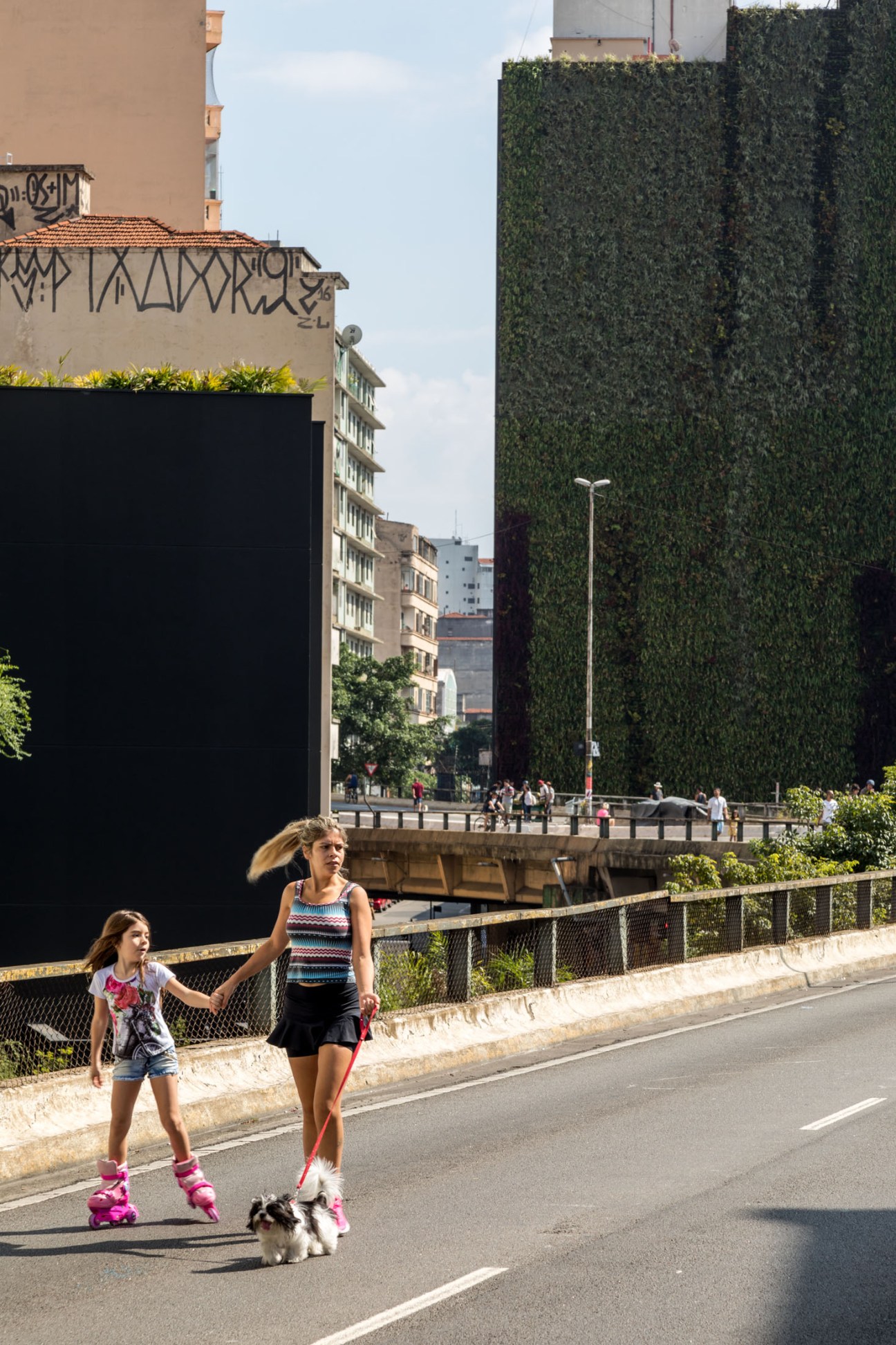 Woman jogging with small dog on elevated Minhocão Park in São Paulo, with children on roller skates nearby.