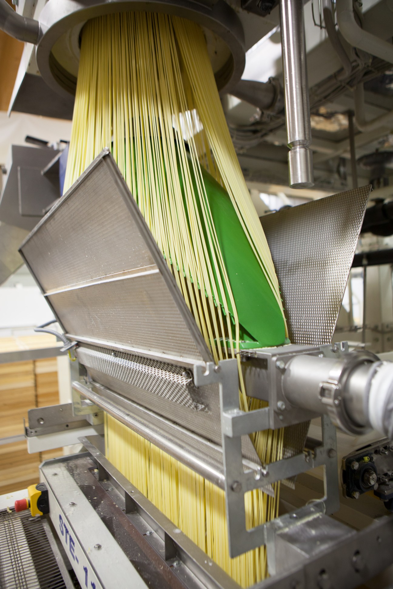 Long strands of yellow spaghetti pass through bronze shaping equipment during pasta production.