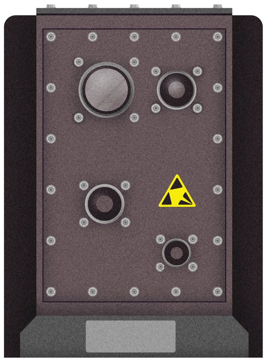 Illustration of a metallic control panel with four circular buttons and a yellow hazard warning symbol.