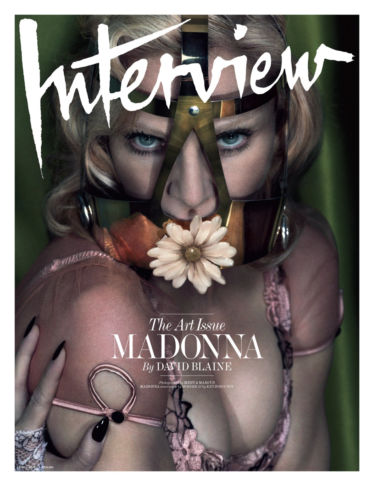 Interview Magazine cover featuring artistic portrait of Madonna with geometric shapes and floral elements