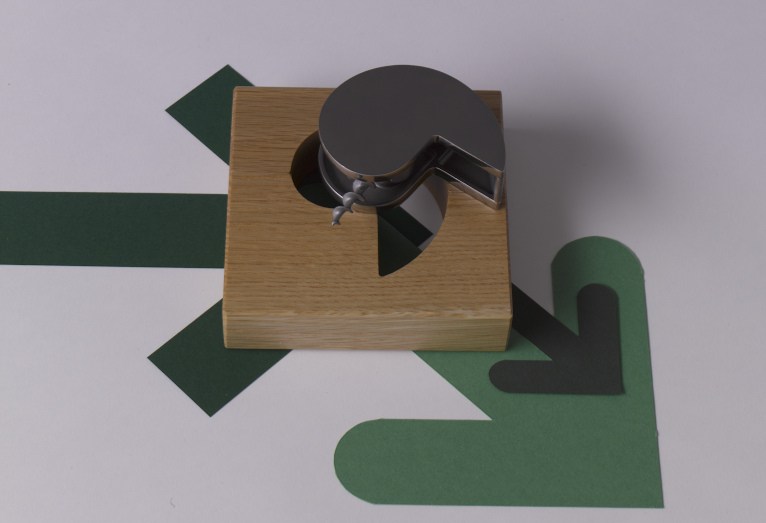 FZB Nautilus bottle opener with stainless steel spiral in solid oak case.