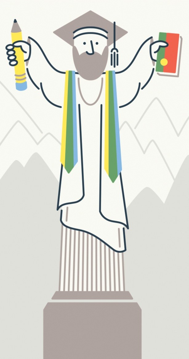 Illustration of a bearded academic figure holding a pencil and book, symbolizing education and knowledge.