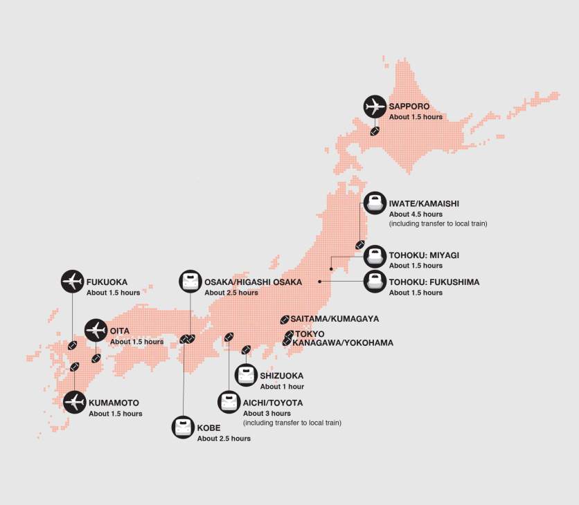 Map of Japan showing 12 Rugby World Cup 2019 host cities with travel times from Tokyo.