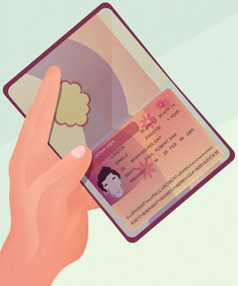Illustration of a hand holding a passport with visa stamps and documents.