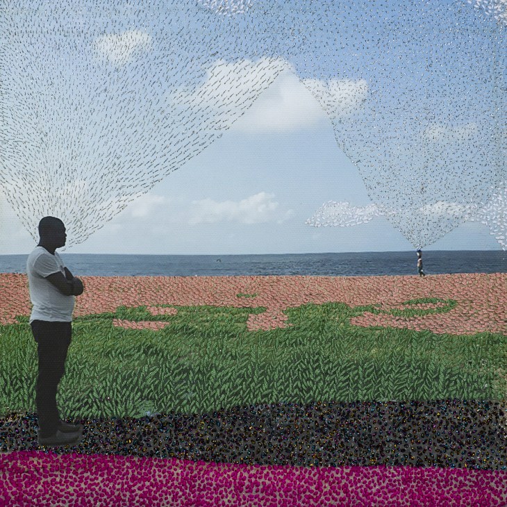 Person standing on embroidered beach landscape gazing at sea under textured sky.