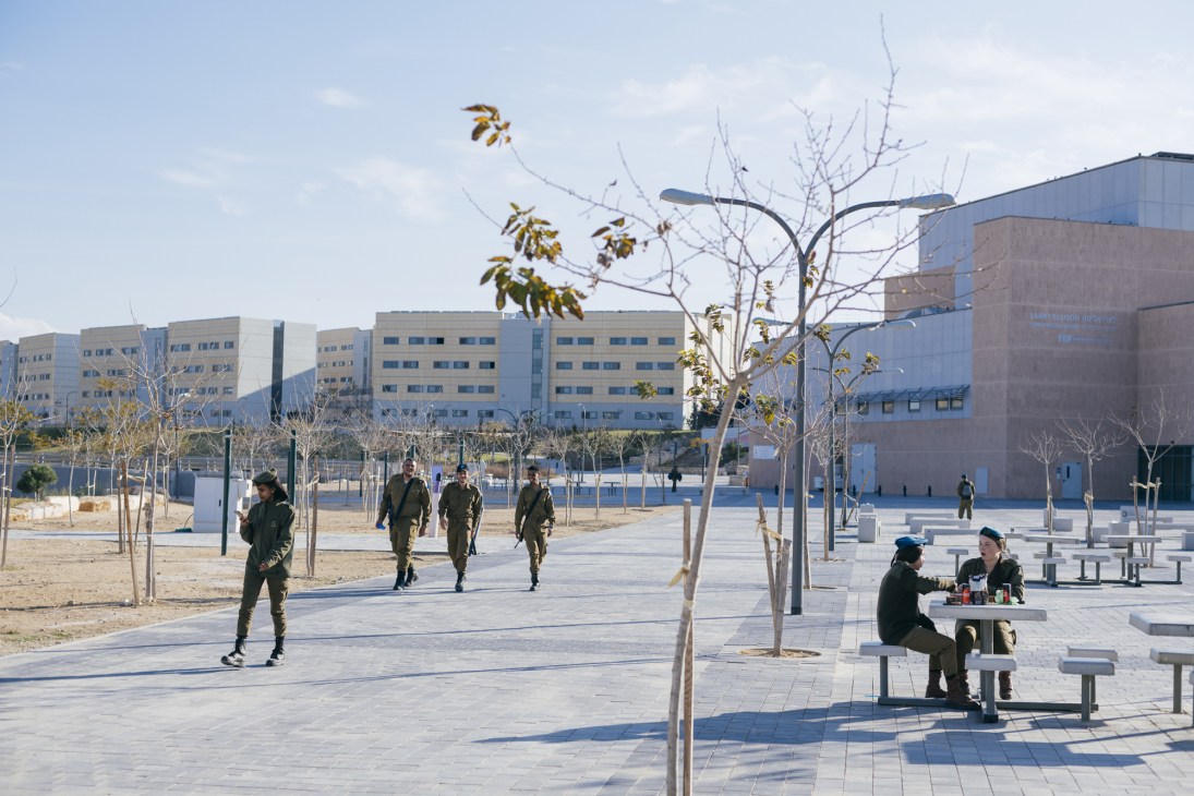 IDF soldiers on the main square of Ir Habahadim military base in the Negev desert.