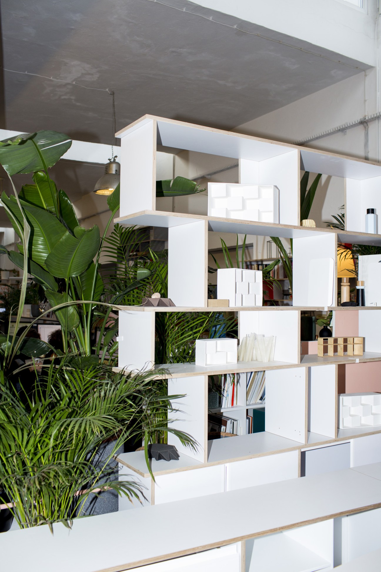 White modular shelving unit with open compartments displaying plants and storage items.