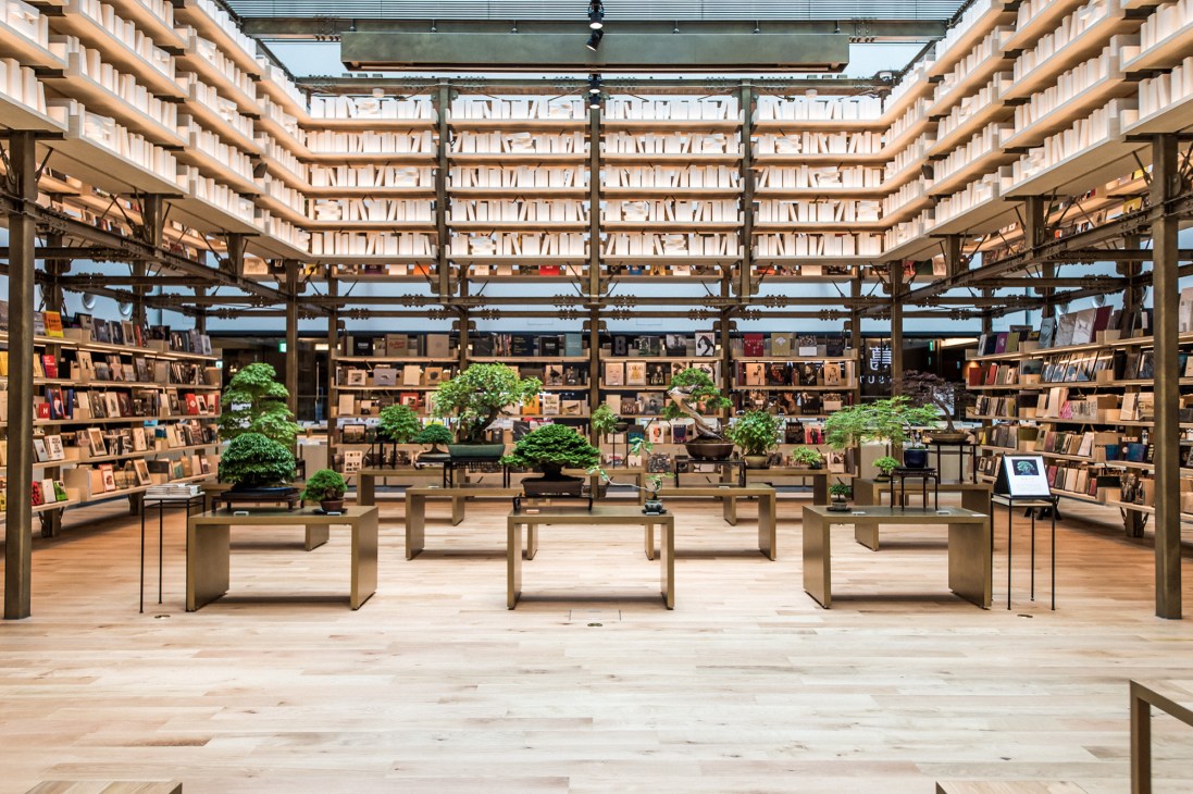 Interior of Ginza Tsutaya Books showing open-plan library with wooden shelving, skylights, and plants.