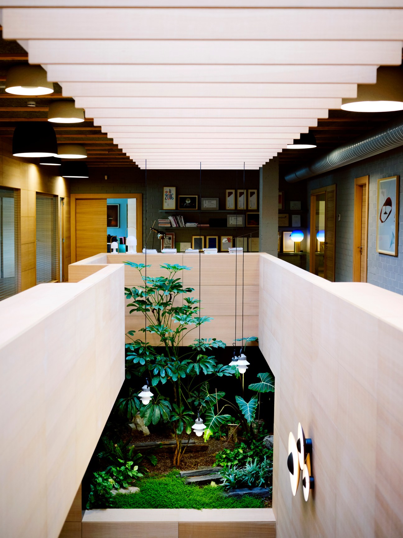 Modern office interior with white curved walls overlooking indoor garden with plants and pendant lighting