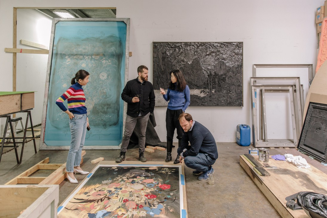 Matthew Day Jackson meets with Hauser & Wirth representatives in his Brooklyn studio surrounded by artworks and materials.