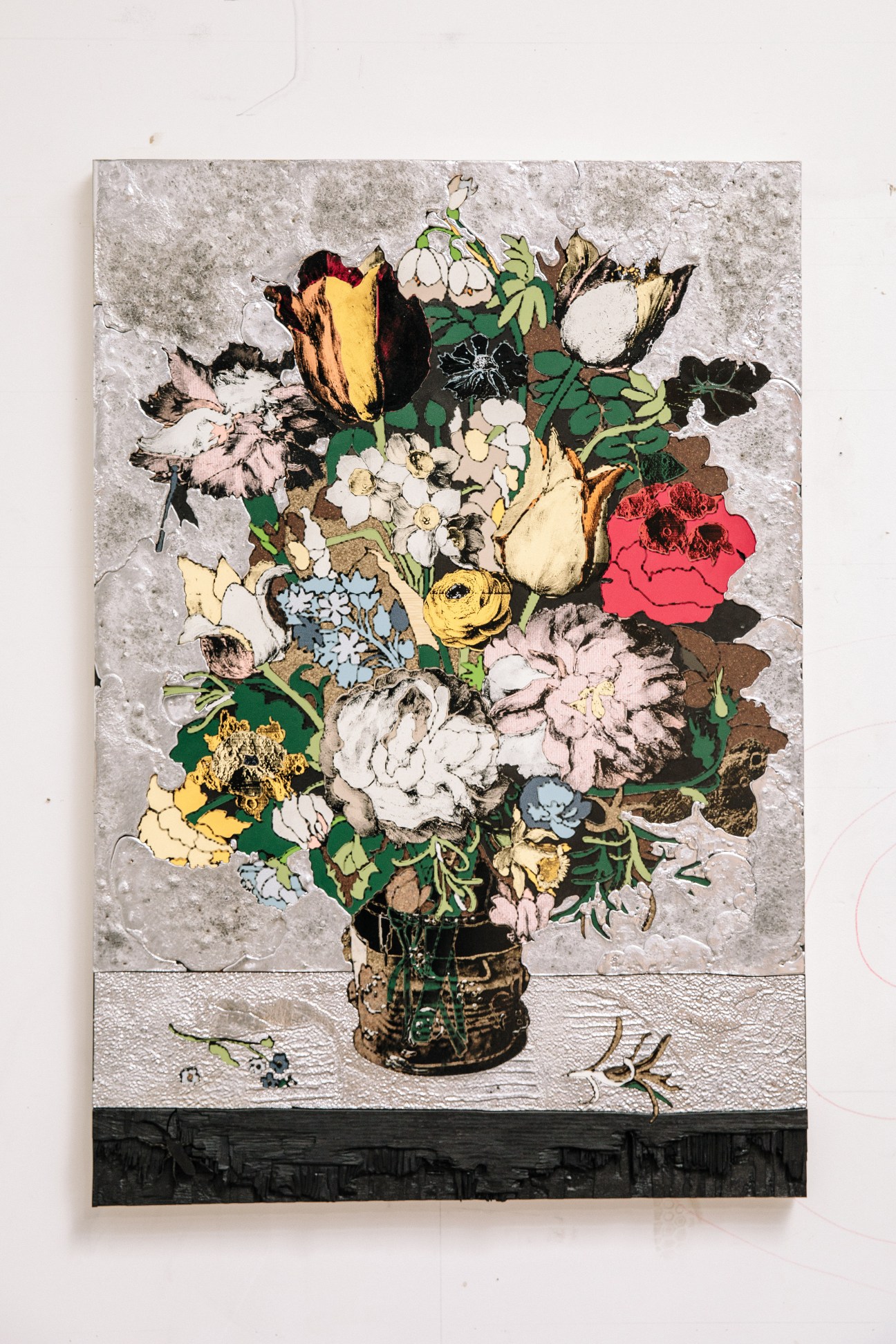 Matthew Day Jackson's still-life artwork featuring colorful cut-out flowers in a vase against a textured background.