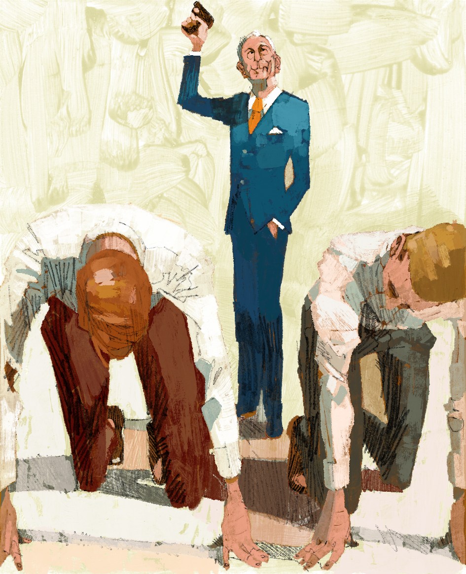 Illustration of a politician in a blue suit raising his fist triumphantly above a crowd of supporters.