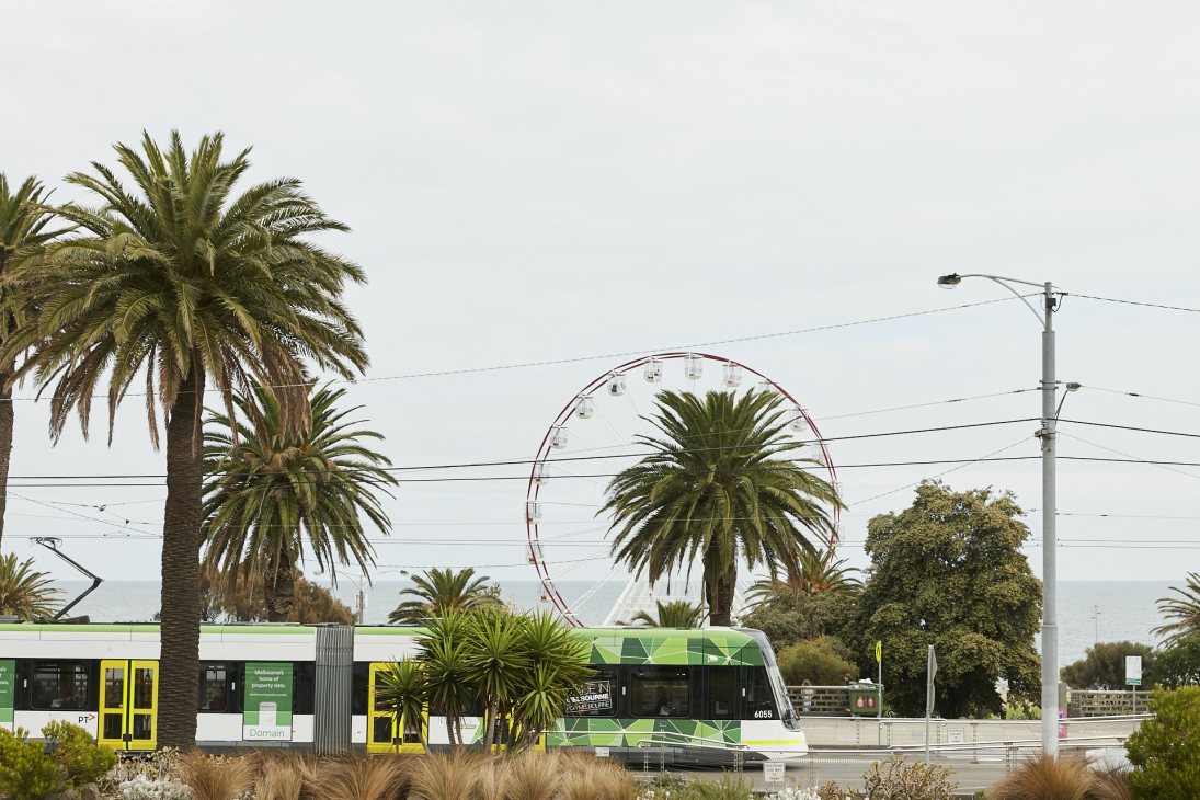 A green and yellow Melbourne tram passes Luna Park's Ferris wheel with palm trees and coastal landscape.