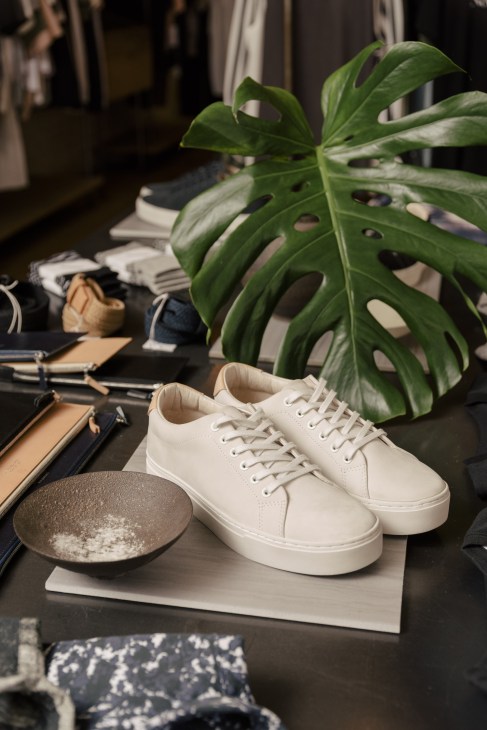White lace-up sneakers displayed on a dark surface with a Monstera plant and decorative items in the background.