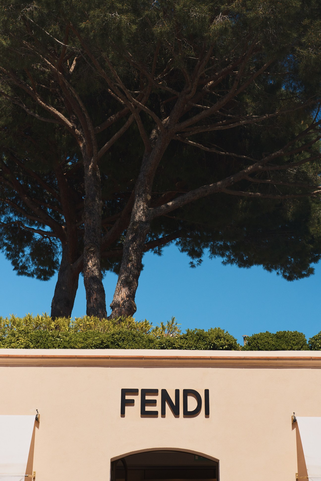 Fendi flagship storefront on Rue François Sibilli with beige facade and large tree overhead.