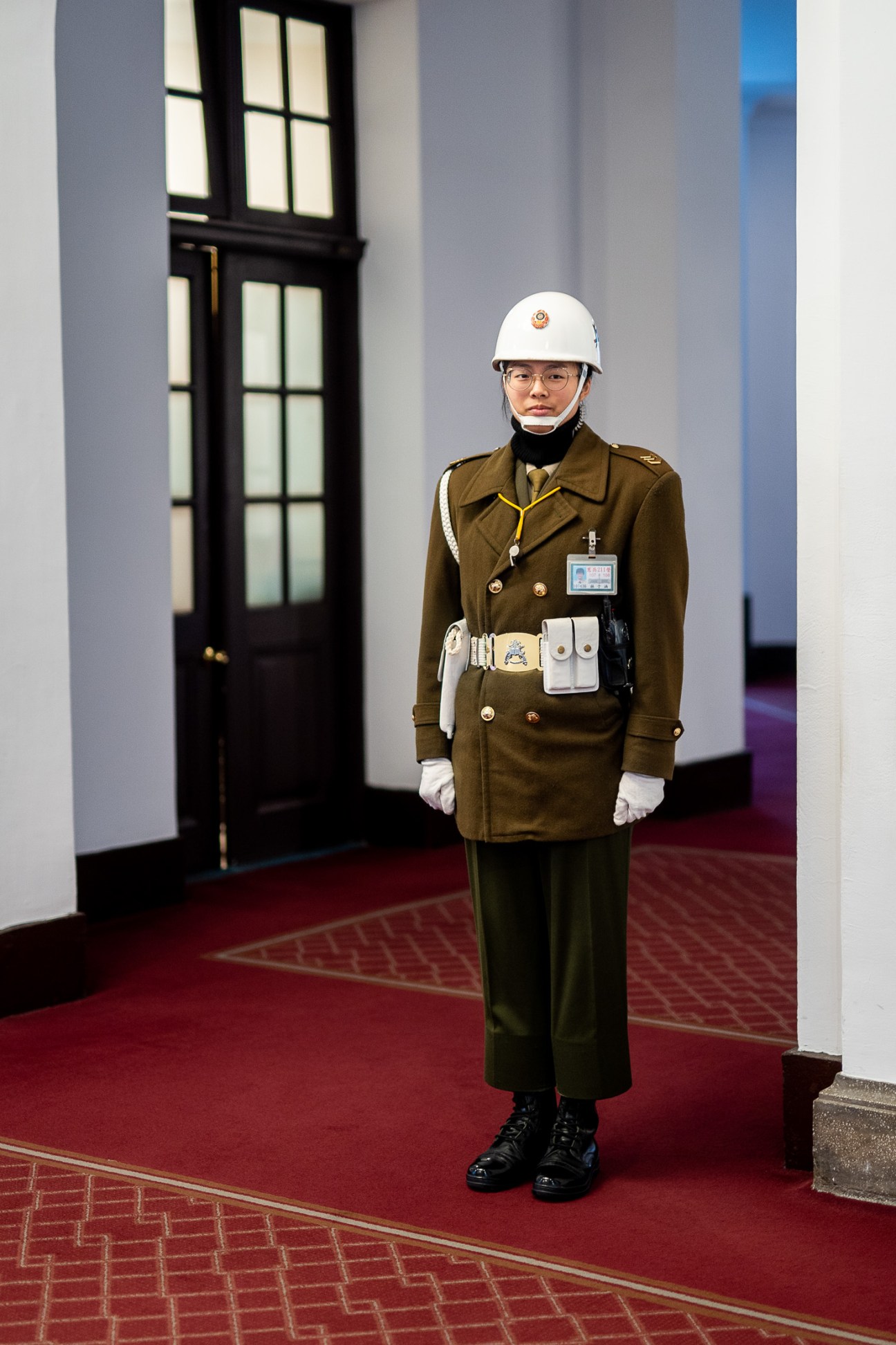 A uniformed guard stands in a corridor of the Presidential Office Building in Taipei, Taiwan.