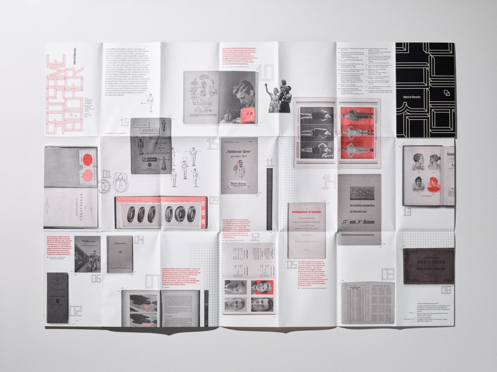 Flat lay of printed design materials and publications arranged on a white surface, showcasing typography and graphic design work from Leipzig.