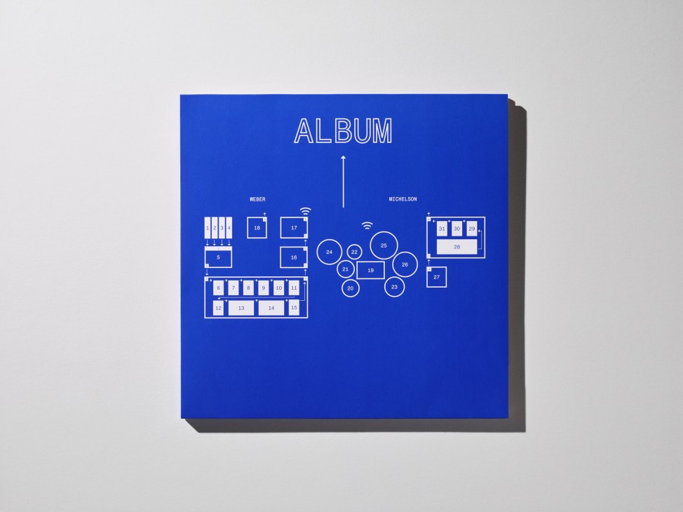 Blue album cover with white line drawings showing numbered sections labeled Weber and Michelson with connected circular and rectangular elements.