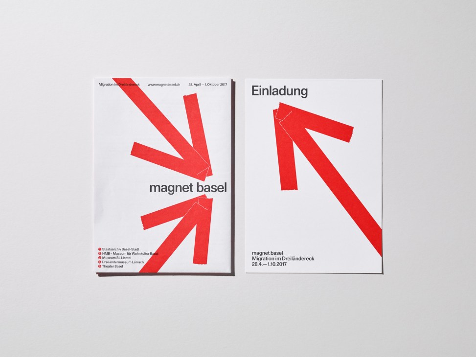 Two design catalogues for magnet basel migration exhibition displayed side by side.