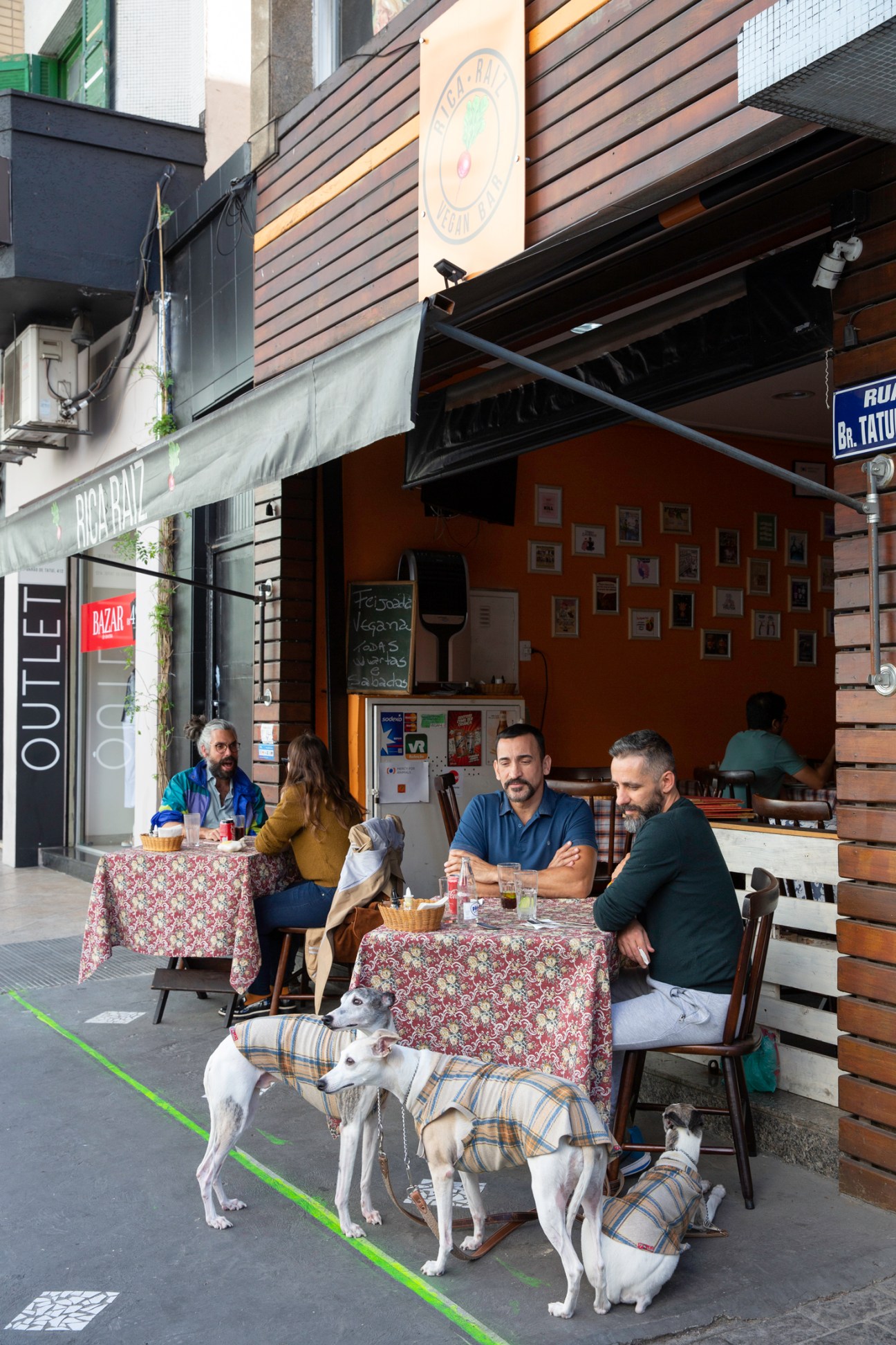 Two men sit at outdoor cafe tables with patterned tablecloths while three greyhounds in plaid coats rest nearby