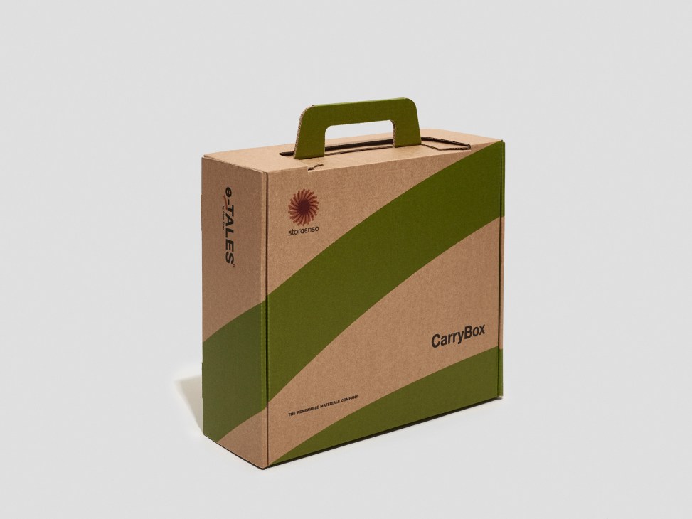 Stora Enso cardboard carry box with green and natural kraft paper design and handle