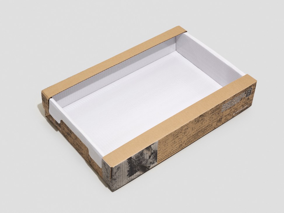 Open cardboard box with white interior and textured wood-grain exterior panels.
