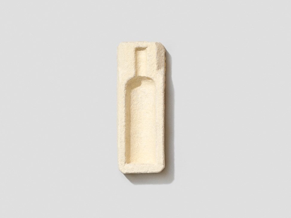 Cream-colored mycelium-based bottle packaging by Ecovative Design with molded protective cavity.