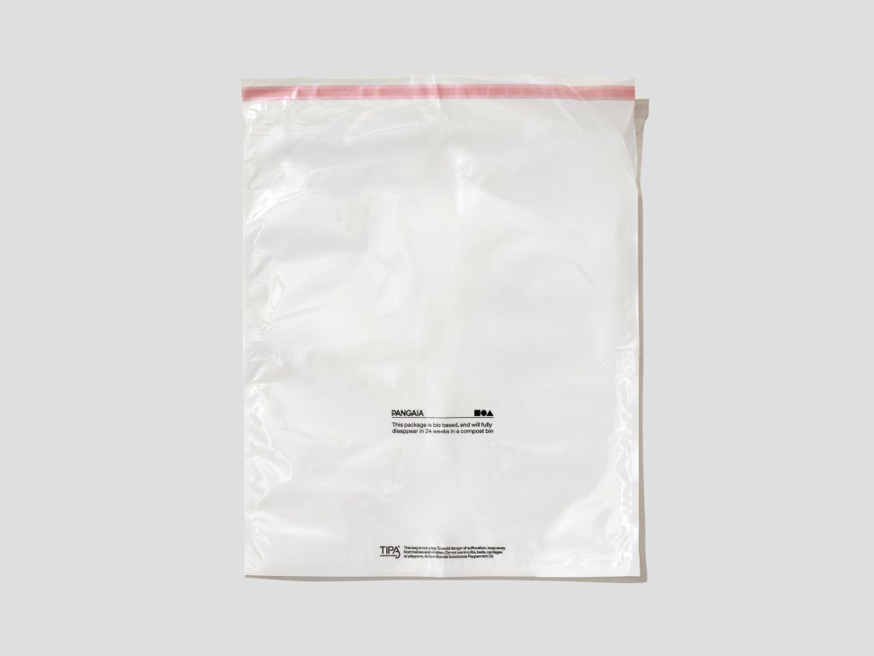 White compostable mailer bag with pink seal and branding for PANGAIA and TIPA visible on the front.