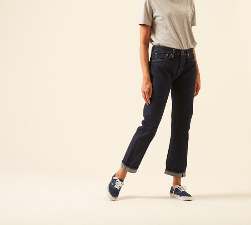 Person wearing Standard 105 jeans by OrSlow in classic straight cut with vintage wash.