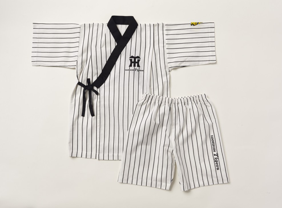 Hanshin Tigers pinstriped jinbei summer wear for children, displayed flat with black ties and yellow accents.