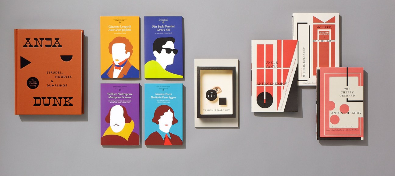 Collection of book covers including colorful illustrated portraits, geometric designs, and typographic layouts by designers Dyakova, Zagnoli, and Gall.