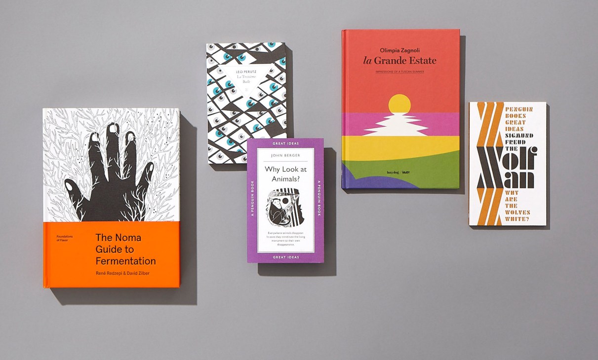 Five colorful book covers displayed side by side showing designs by Sonya Dyakova, David Pearson, and Olimpia Zagnoli.