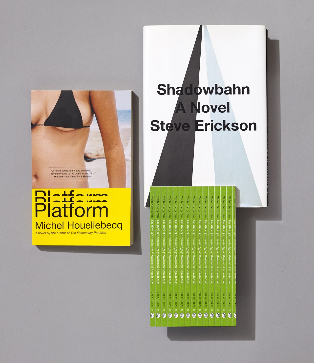 Three book covers displayed: Platform with yellow section, Shadowbahn with geometric design, and green Penguin Great Ideas volumes.