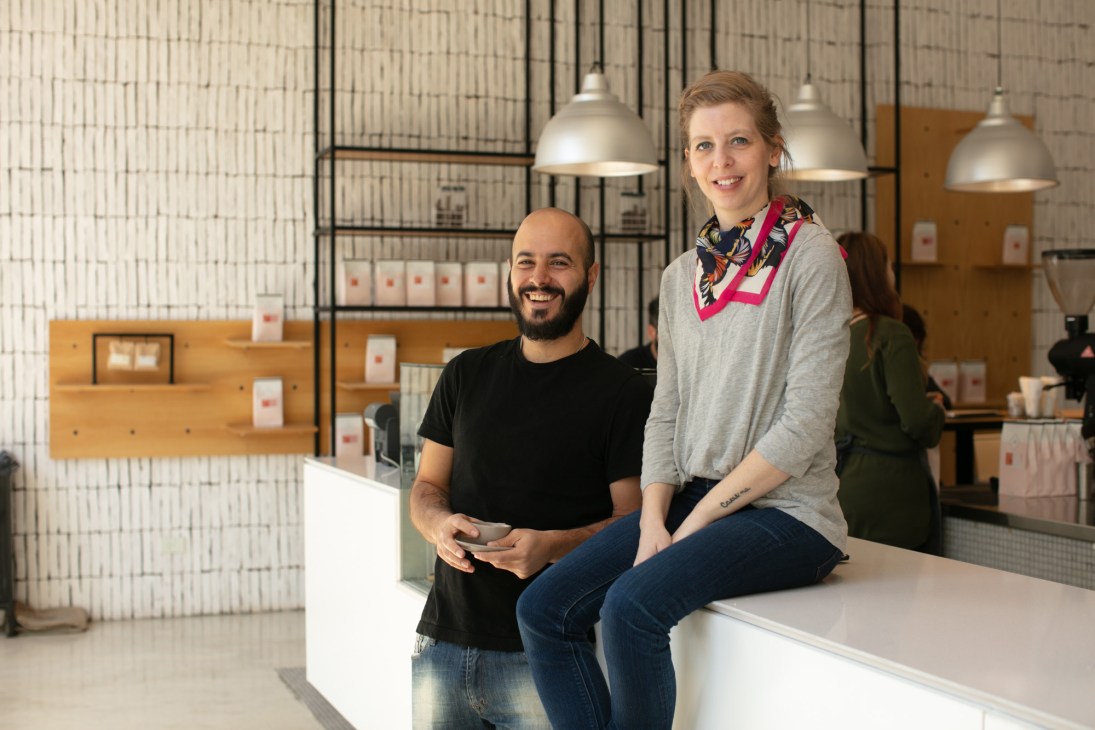 Tom Rixton and Patricia O'Shea, co-owners of Home hotel, pose together in their design-led establishment in Buenos Aires.