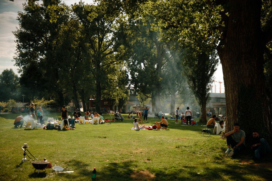 People picnicking and relaxing on a grassy riverside park under tall trees in Basel.