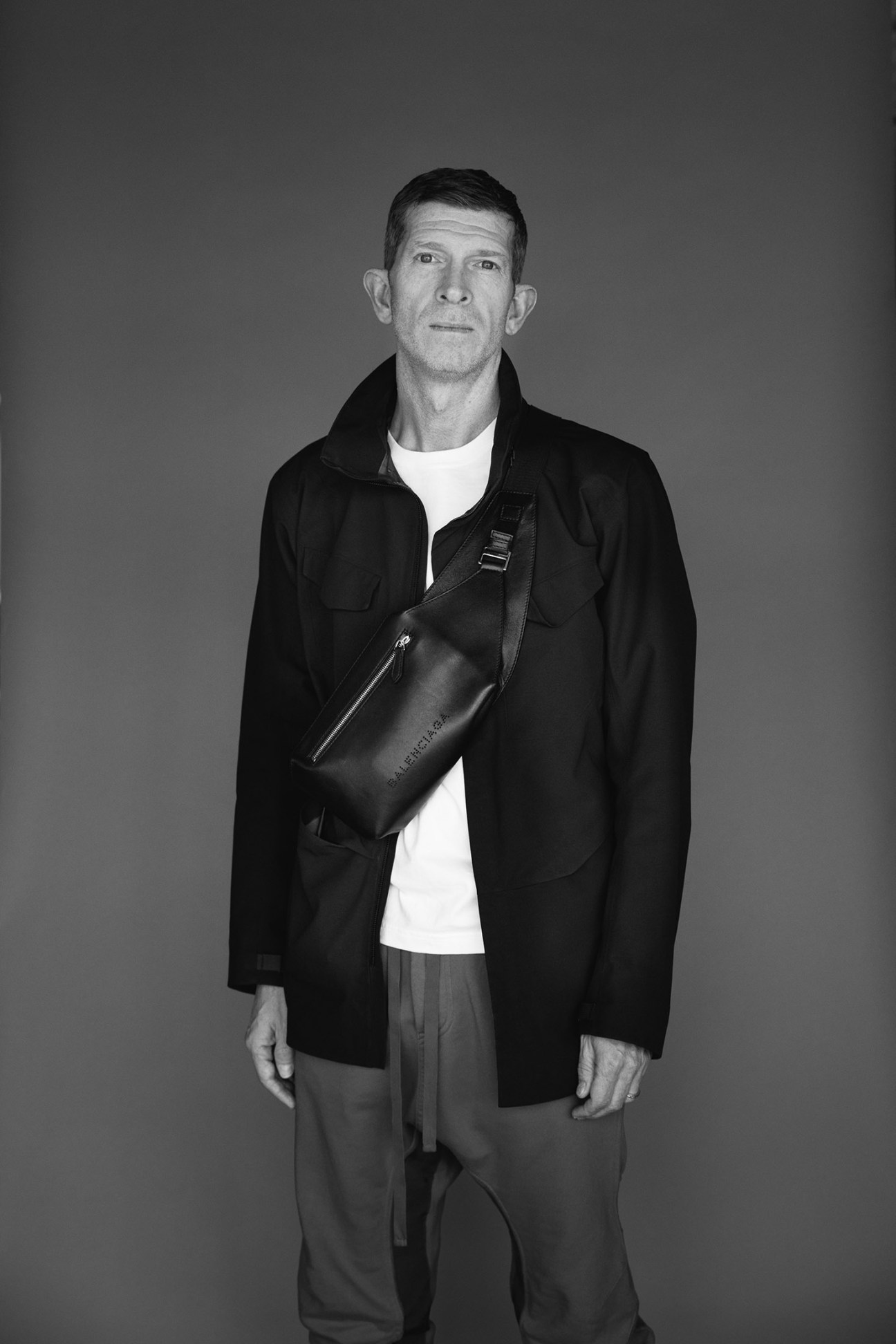 Dean Cook, menswear buying manager at Browns, wearing Arc'teryx jacket and Balenciaga bag