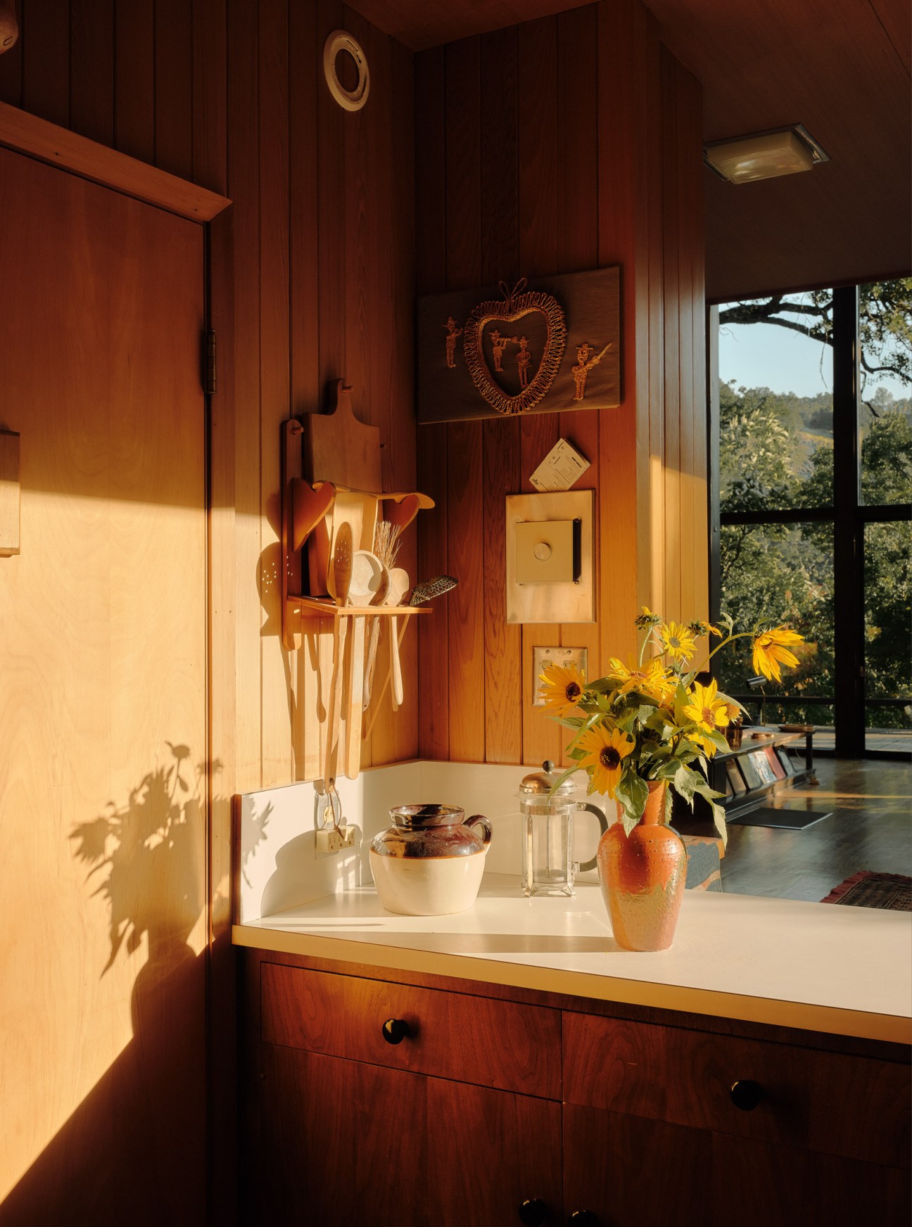 Modernist kitchen with wooden cabinetry and large windows overlooking forested hills, sunlit by early morning light.