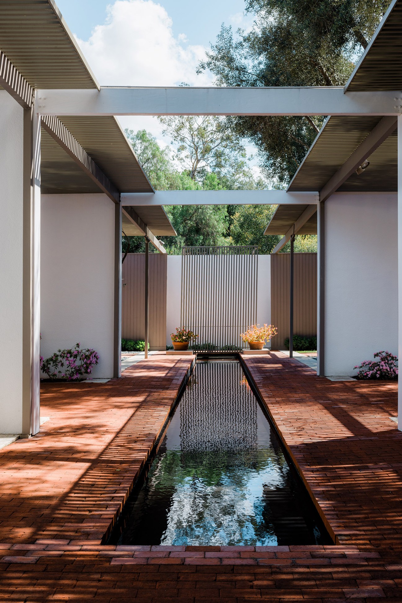 View through floor-to-ceiling French doors of a modernist courtyard with a linear water feature, pergola, and olive trees.