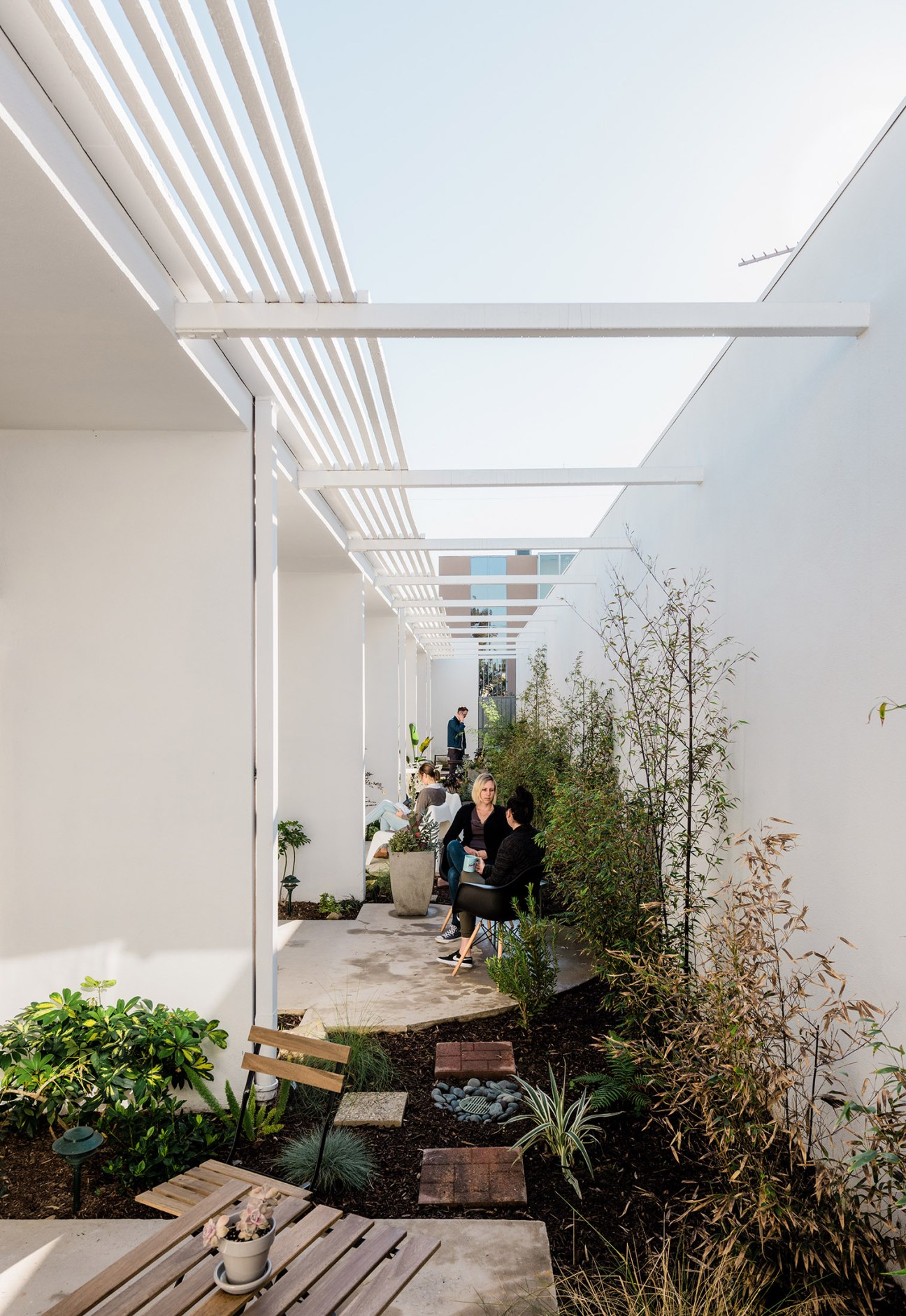 Modern pergola-shaded courtyard with white beams, plants, and people in contemporary office building