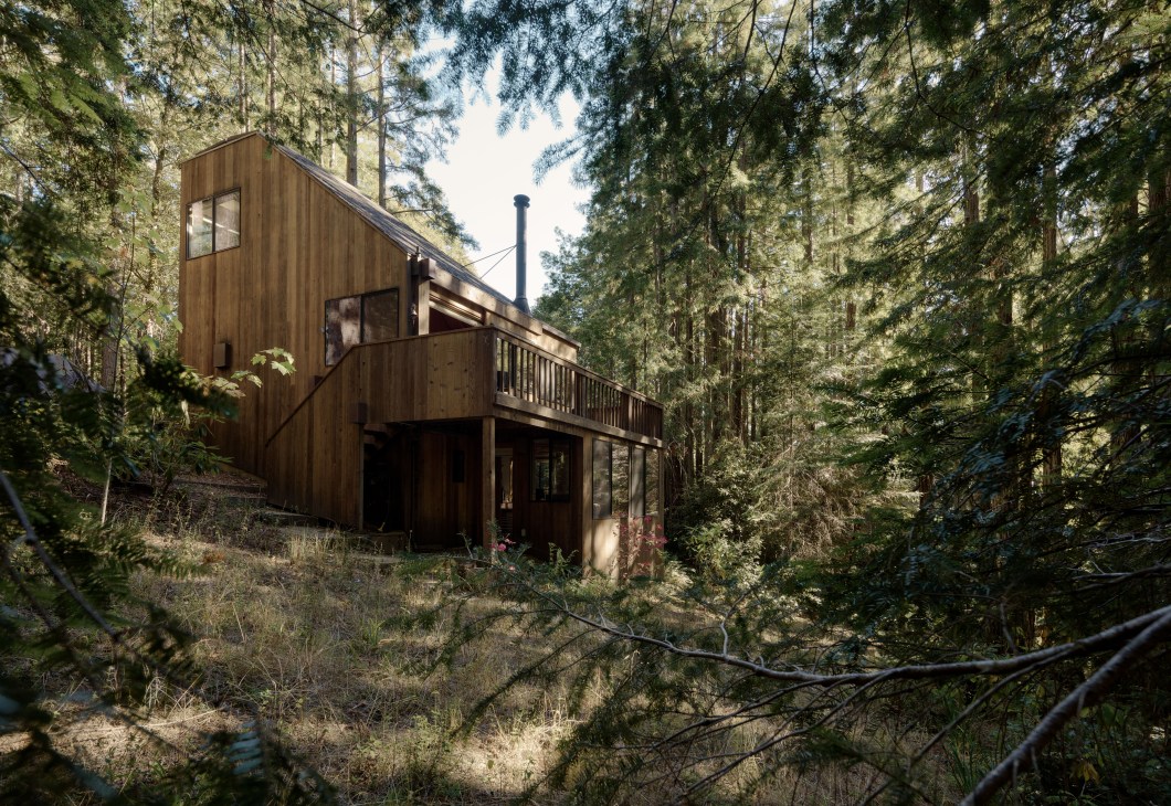Wooden house designed by Obie G Bowman nestled among tall trees in The Sea Ranch forest