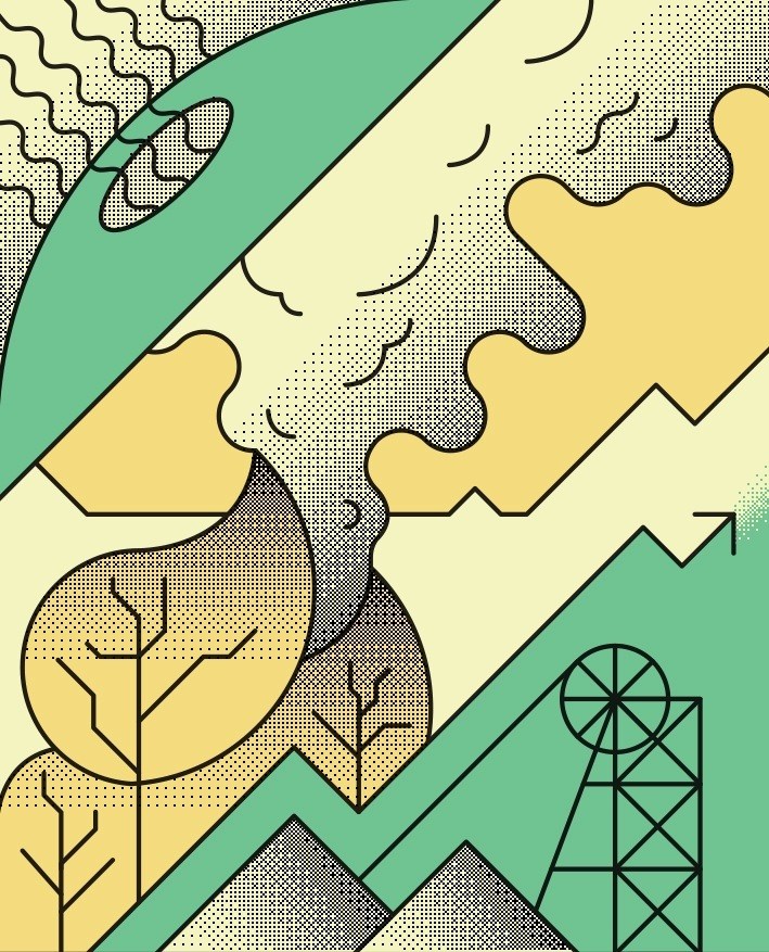Abstract illustration with green and yellow shapes, trees, and infrastructure elements representing Australia's economic and environmental challenges.