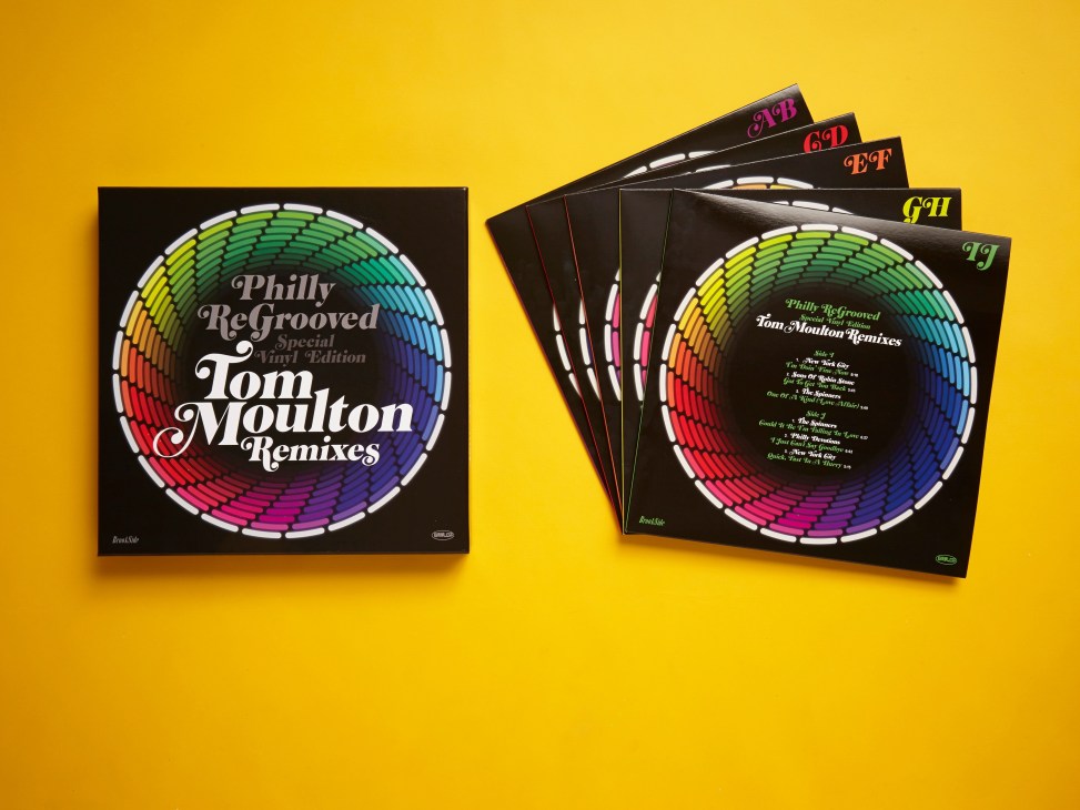 Philly ReGrooved Tom Moulton Remixes vinyl box set with colorful circular equalizer design on yellow background